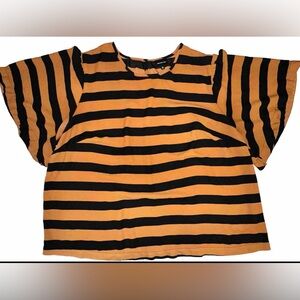 WHO WHAT WEAR Orange Black Striped Silky Tee Blouse Short‎ Bell Sleeves 2XL